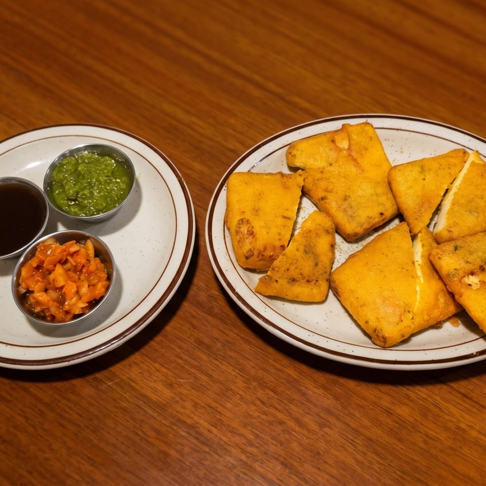 Golden fried paneer pakora triangles on a plate with three dipping sauces on a wooden table.